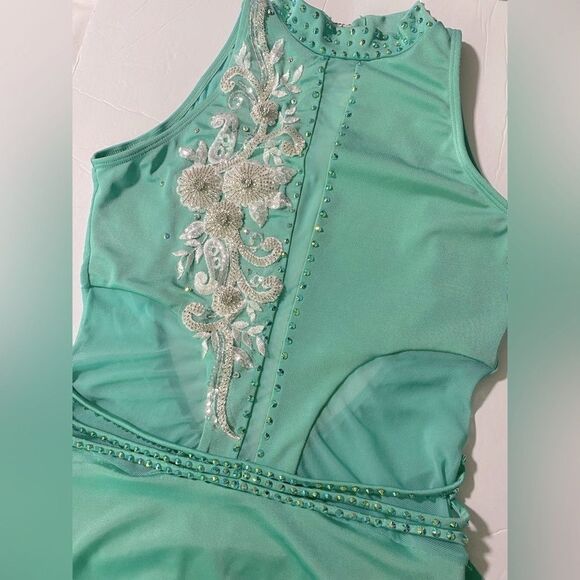 Glamour Custom solo dance costume lyrical mint aqua blue leotard stoned MA adult - Picture 4 of 11